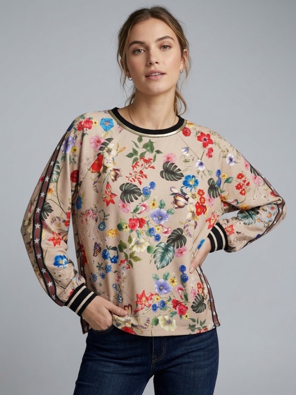 Johnny Was Live Botanical Floral Print Crewneck Sweatshirt Top Oversized Medium